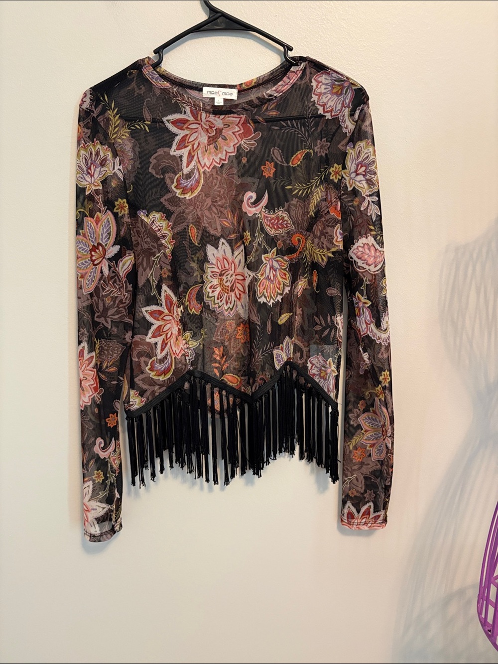 Moa Moa Black Floral Mesh Long-Sleeve Top with Fringe